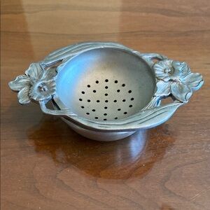 Floral Fine Pewter Tea Strainer with Handles. Vintage.
